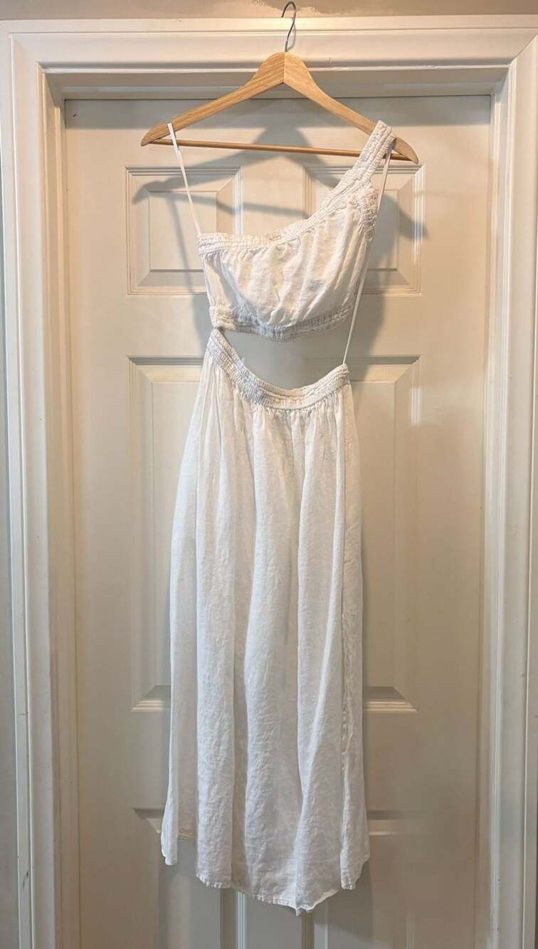 Vitamin A Midi Dress Size XS White Linen Cutout One Shoulder